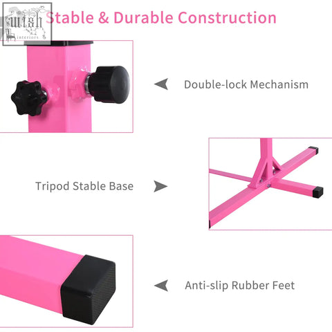 Pink homcom kids gymnastics bar with black rubber feet and adjustment knobs made of powder coated steel