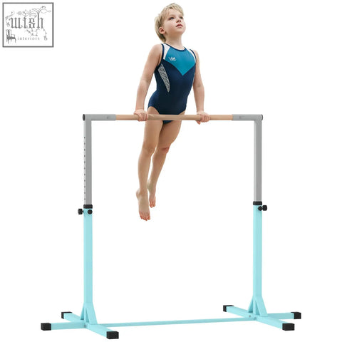 Light blue homcom kids gymnastics horizontal bar with wooden grips powder coated steel frame and black rubber feet