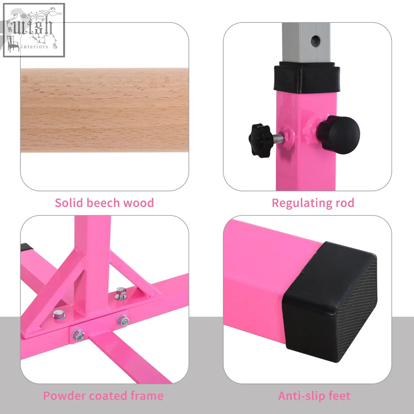 Pink HOMCOM height adjustable gymnastics bar with powder coated steel frame, solid beech wood bar, and black anti slip feet