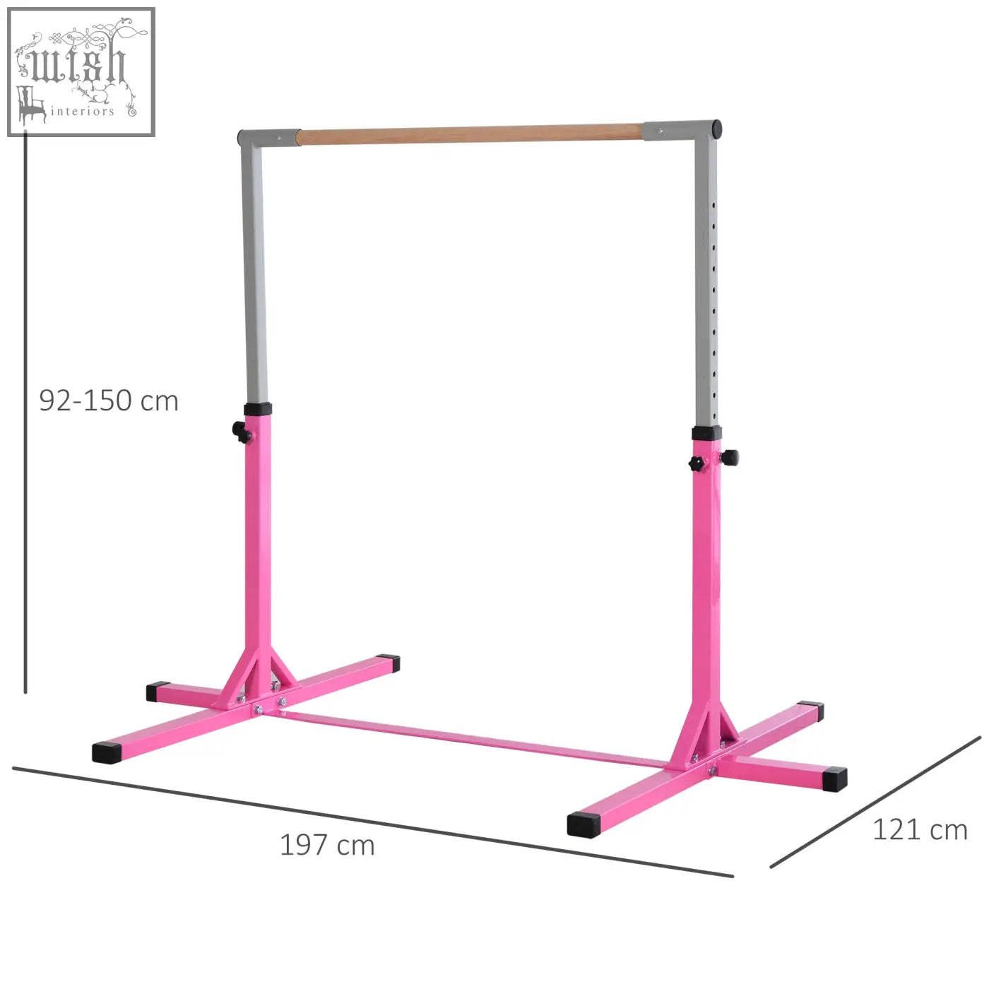 Pink homcom height adjustable gymnastics bar with wooden handgrip and powder coated steel silver frame for kids