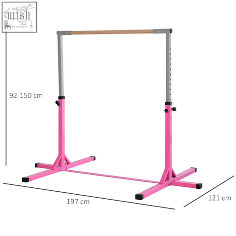 Pink homcom height adjustable gymnastics bar with wooden handgrip and powder coated steel silver frame for kids