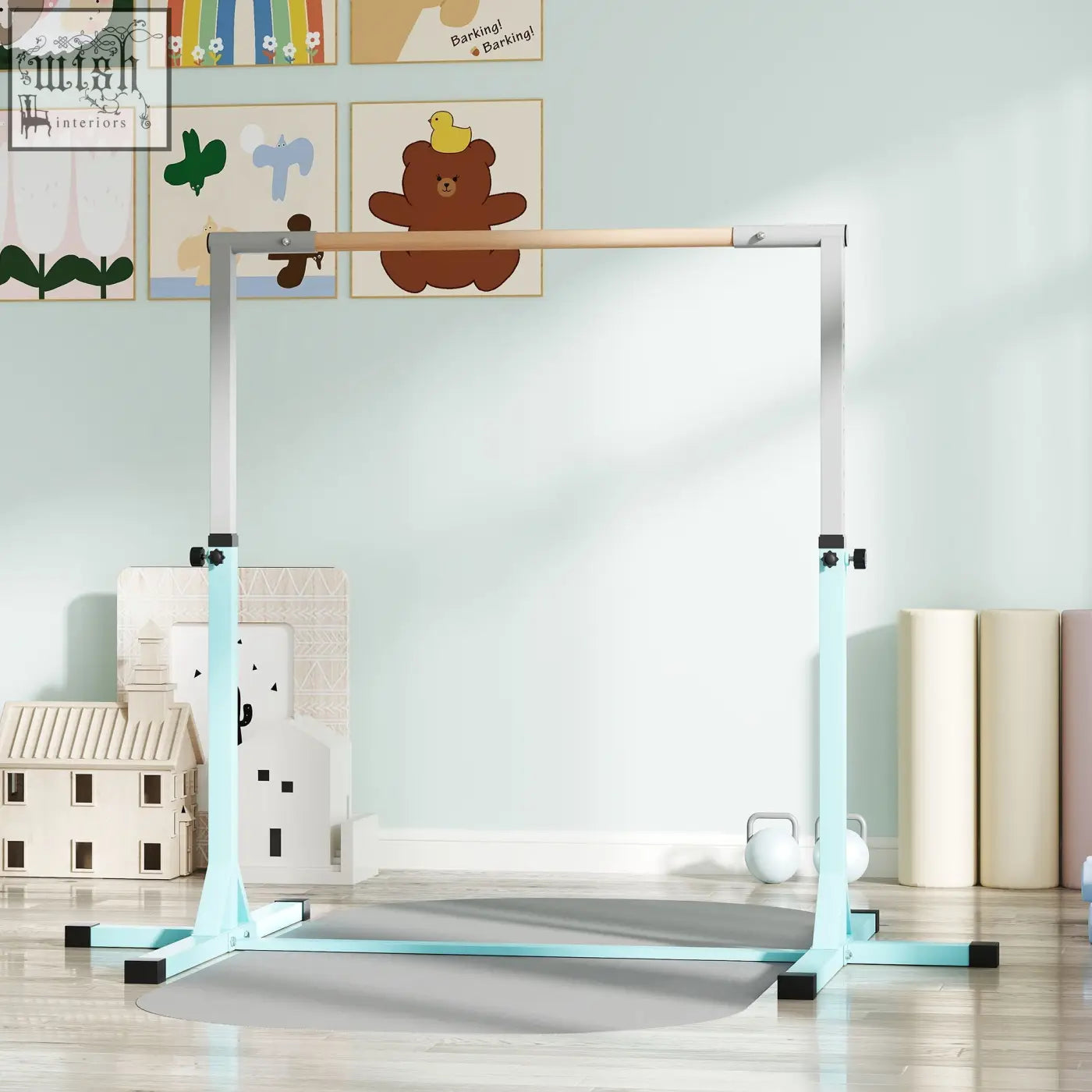 Light blue homcom height adjustable gymnastics bar with wooden handgrip and powder coated steel frame for kids