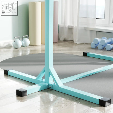 Light blue powder coated steel weightlifting platform with black rubber feet and gray textured mat for kids gym bar