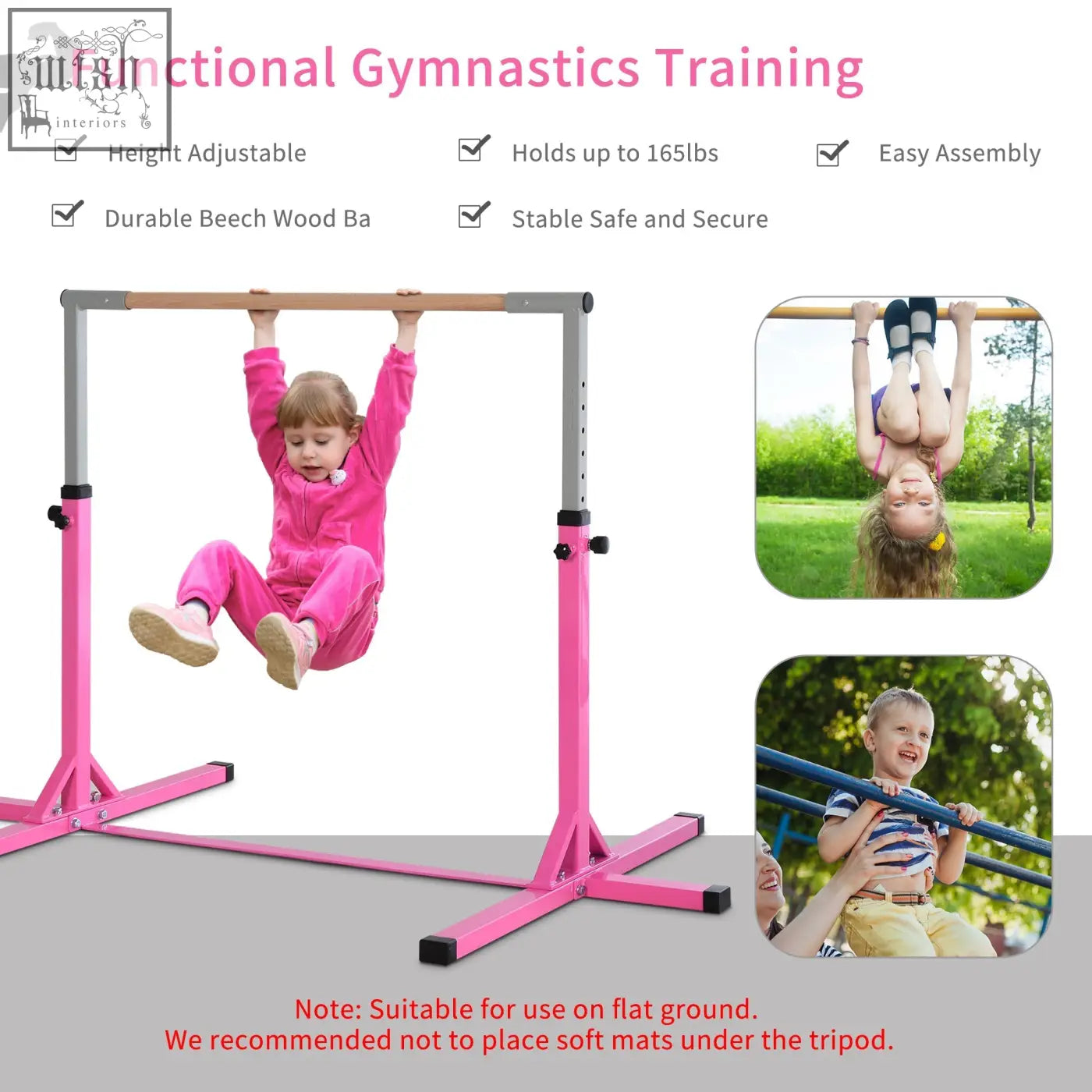 Pink homcom height adjustable gymnastics horizontal bar for kids with durable beech wood grip and powder coated steel frame