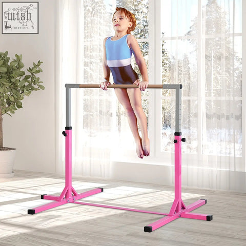 Pink homcom height adjustable gymnastics parallel bars with wooden grips made of powder coated steel for kids fitness