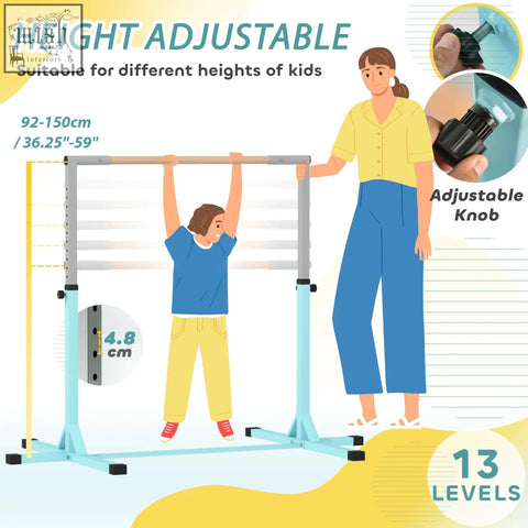 Light blue homcom kids gymnastics bar with 13 height levels and powder coated steel frame for adjustable fitness fun