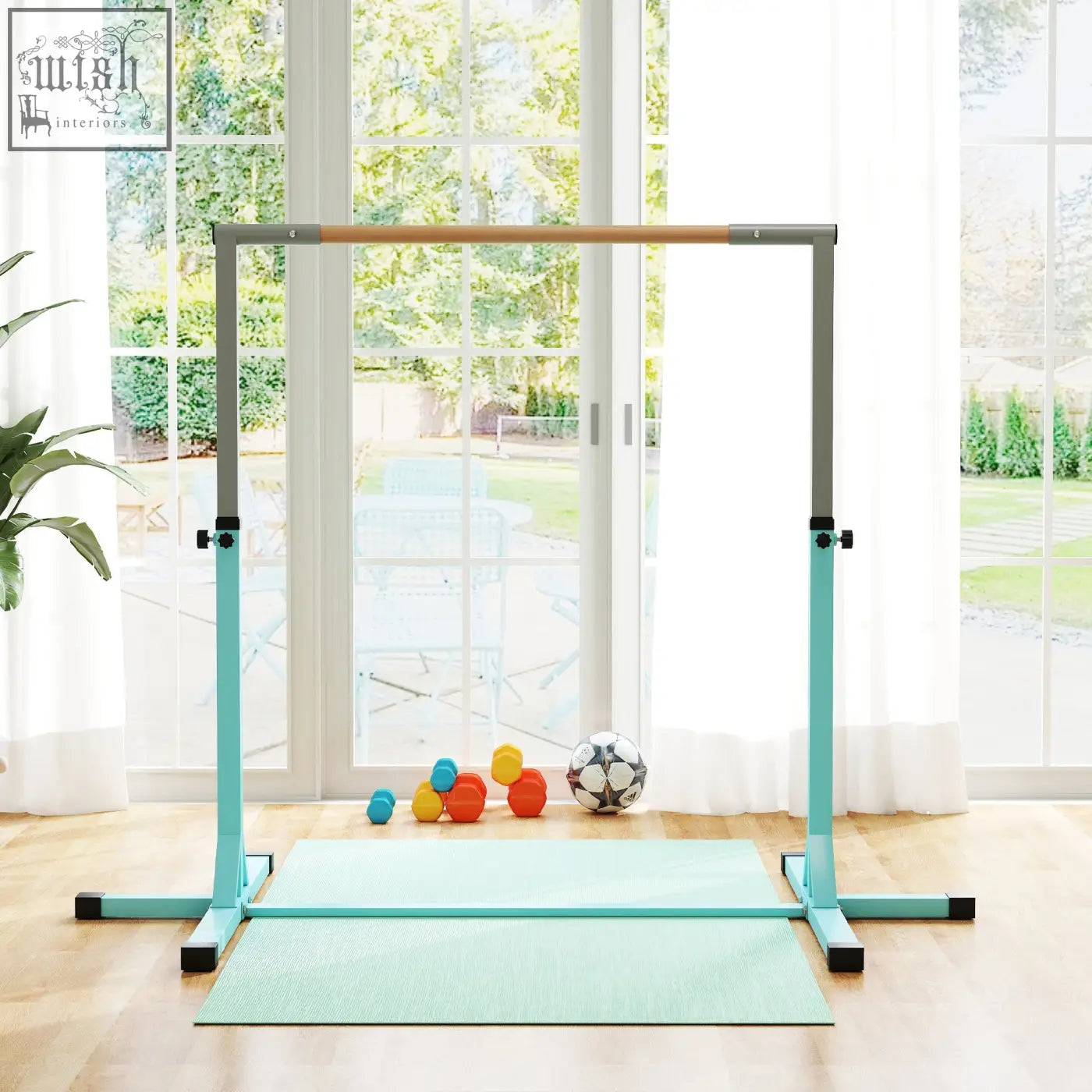 Teal and wood homcom height adjustable gymnastics horizontal bar for kids made of powder coated steel for fitness