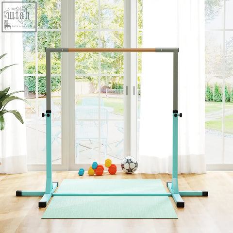 Teal and wood homcom height adjustable gymnastics horizontal bar for kids made of powder coated steel for fitness