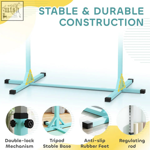 Light blue homcom height adjustable gymnastics bar for kids with powder coated steel tripod base and black rubber feet