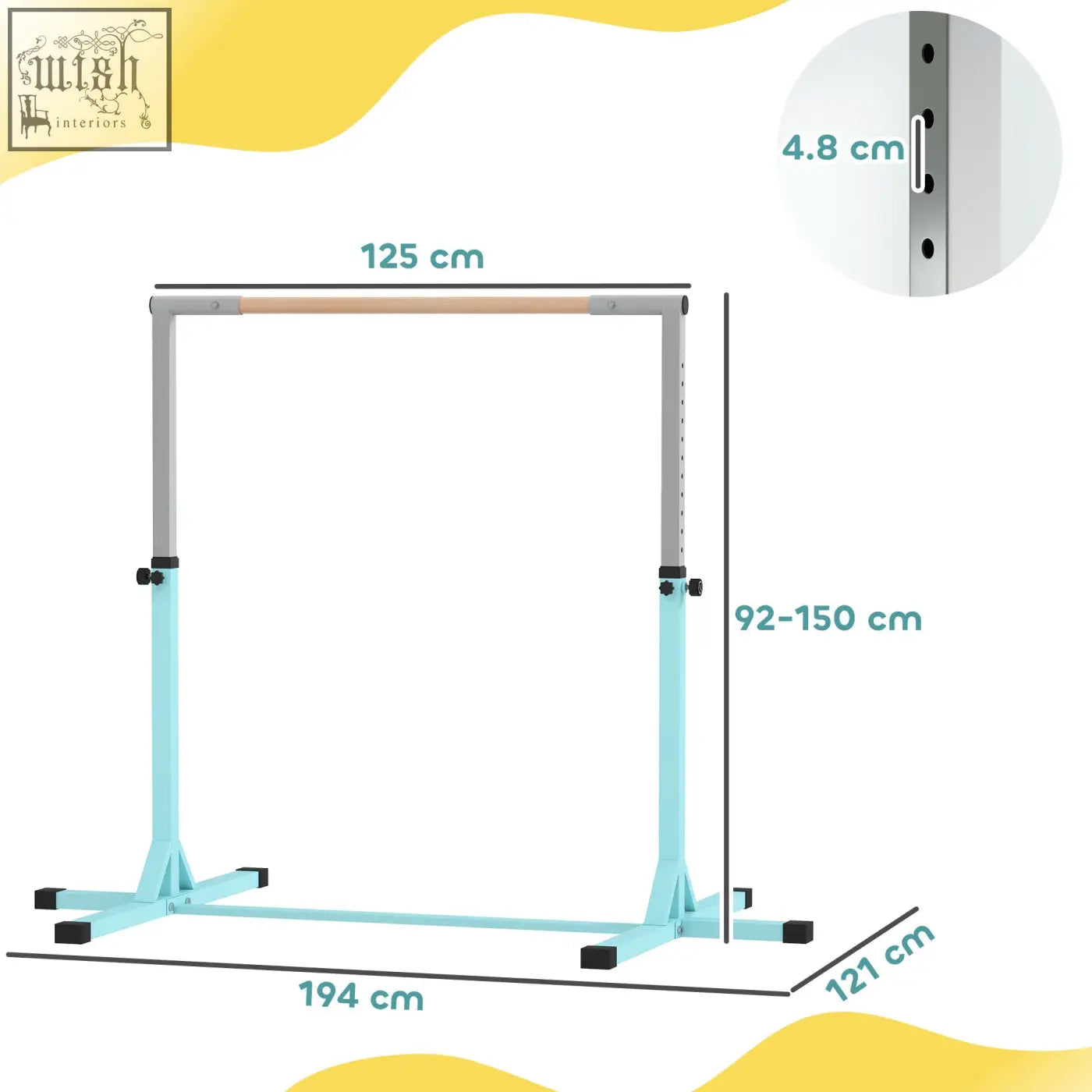 Light blue homcom gymnastics bar with wooden grip and height adjustable powder coated steel frame for kids fitness