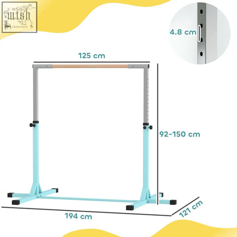 Light blue homcom gymnastics bar with wooden grip and height adjustable powder coated steel frame for kids fitness