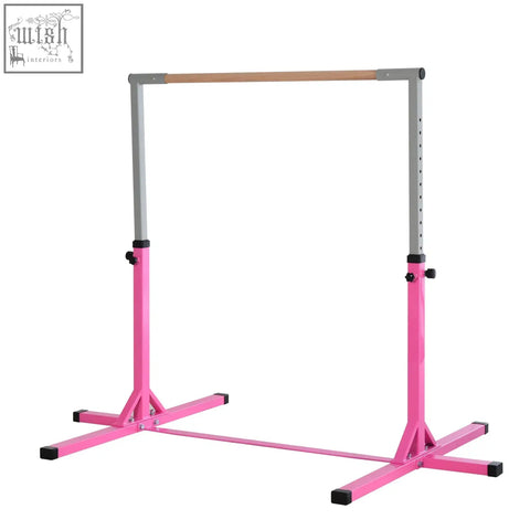 Pink homcom adjustable gymnastics bar with wooden handgrip and powder coated steel frame for kids fitness