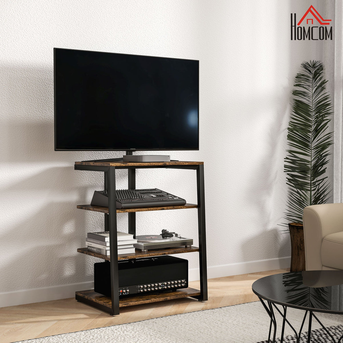 Black and rustic wood homcom hifi stand with metal frame and four storage shelves in rustic brown color