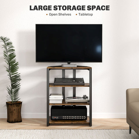 Industrial style homcom hifi stand with dark metal frame and rustic brown wood shelves for media storage