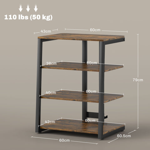 Industrial-style wooden hifi stand with black metal frame and four rustic brown shelves by homcom hifi stand