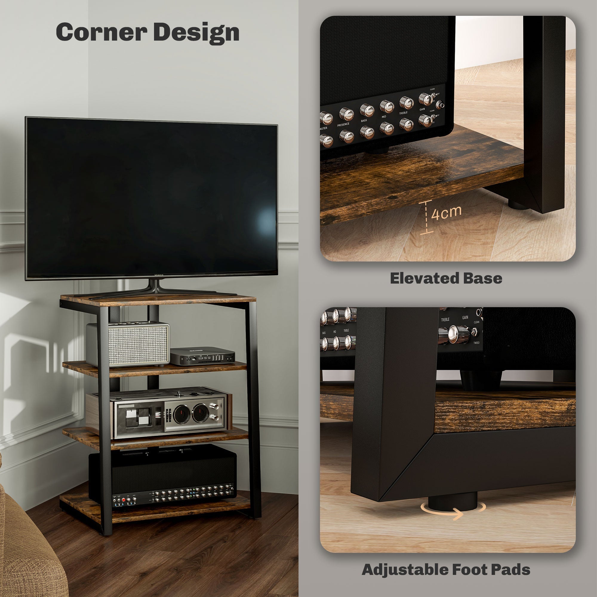 Rustic wood and black metal homcom hifi stand with four shelves and adjustable foot pads in rustic brown