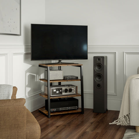 Rustic wood and black metal corner hifi stand with four shelves holding audio gear by homcom hifi in rustic brown