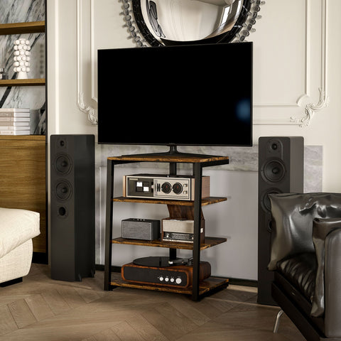 Rustic brown homcom hifi stand with wooden and black metal frame and four shelves holding audio equipment