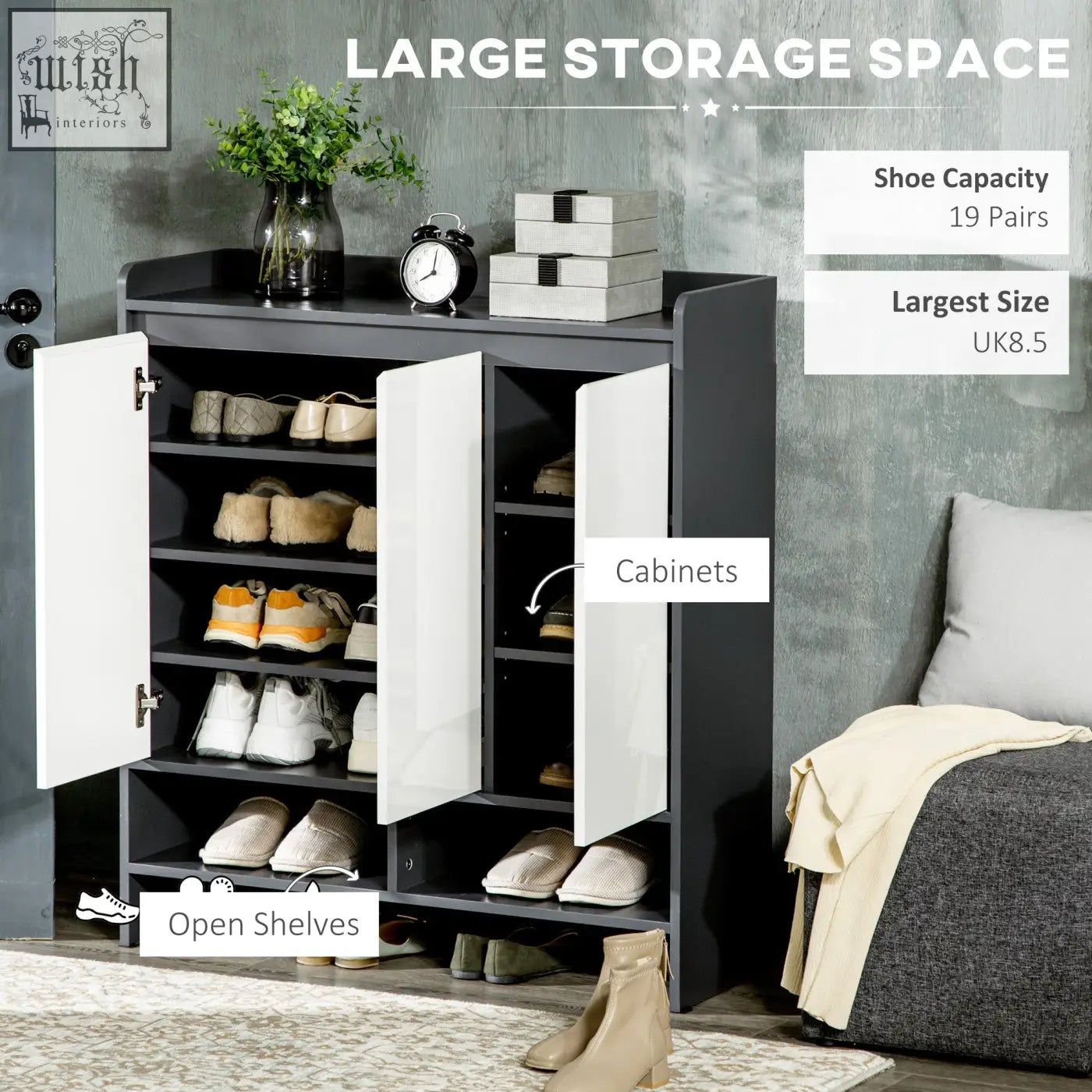 Black and white high gloss shoe cabinet with white doors and open shelves holds 19 pairs of shoes in grey finish