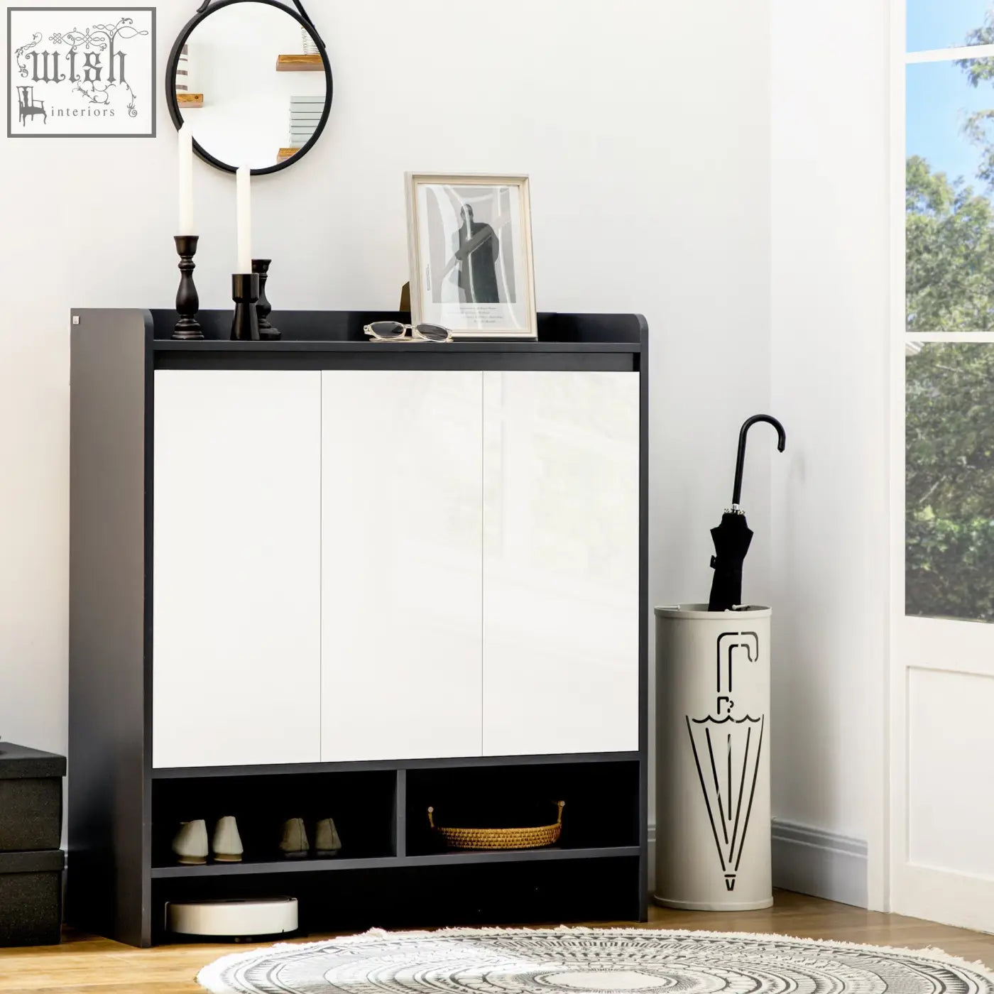 Black and white modern shoe cabinet with high gloss finish white doors and open shelves for shoe storage