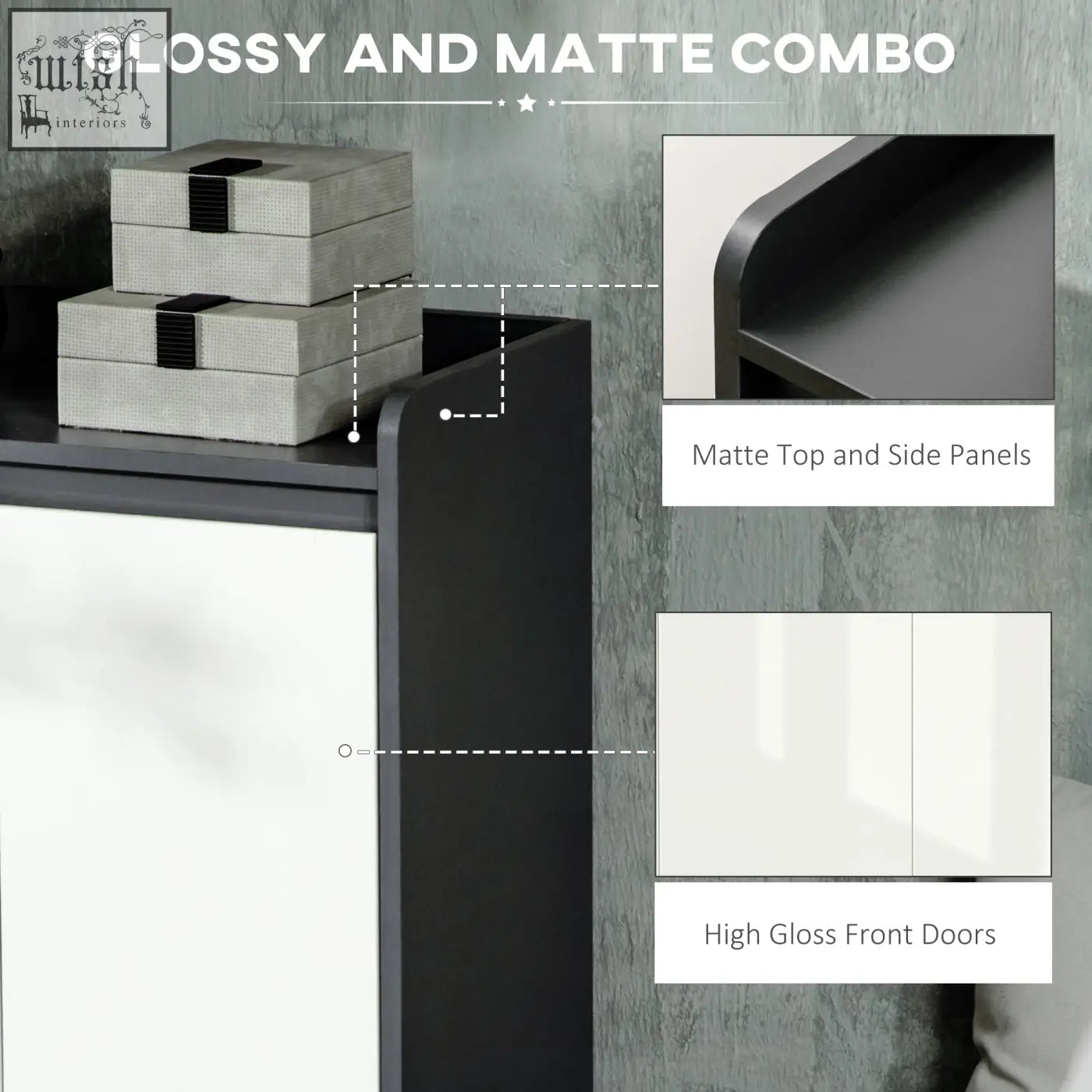 Homcom high gloss shoe cabinet with white doors and matte grey panels for storing 19 pairs of shoes in the hallway