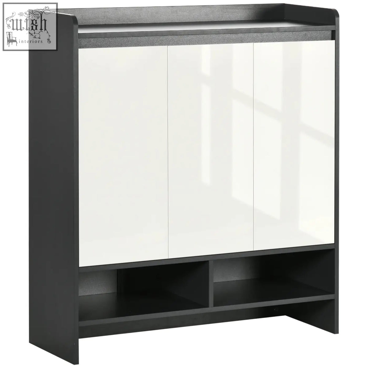 Modern black and white high gloss shoe cabinet with white mirrored doors and open shelves for hallway storage