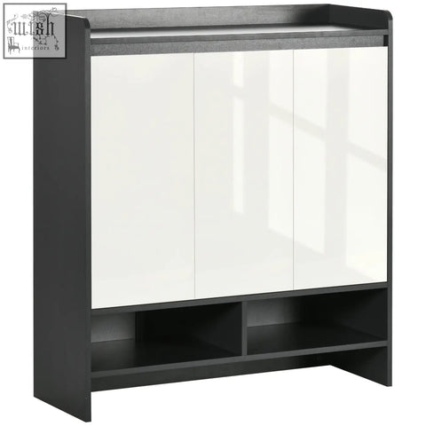 Modern black and white high gloss shoe cabinet with white mirrored doors and open shelves for hallway storage