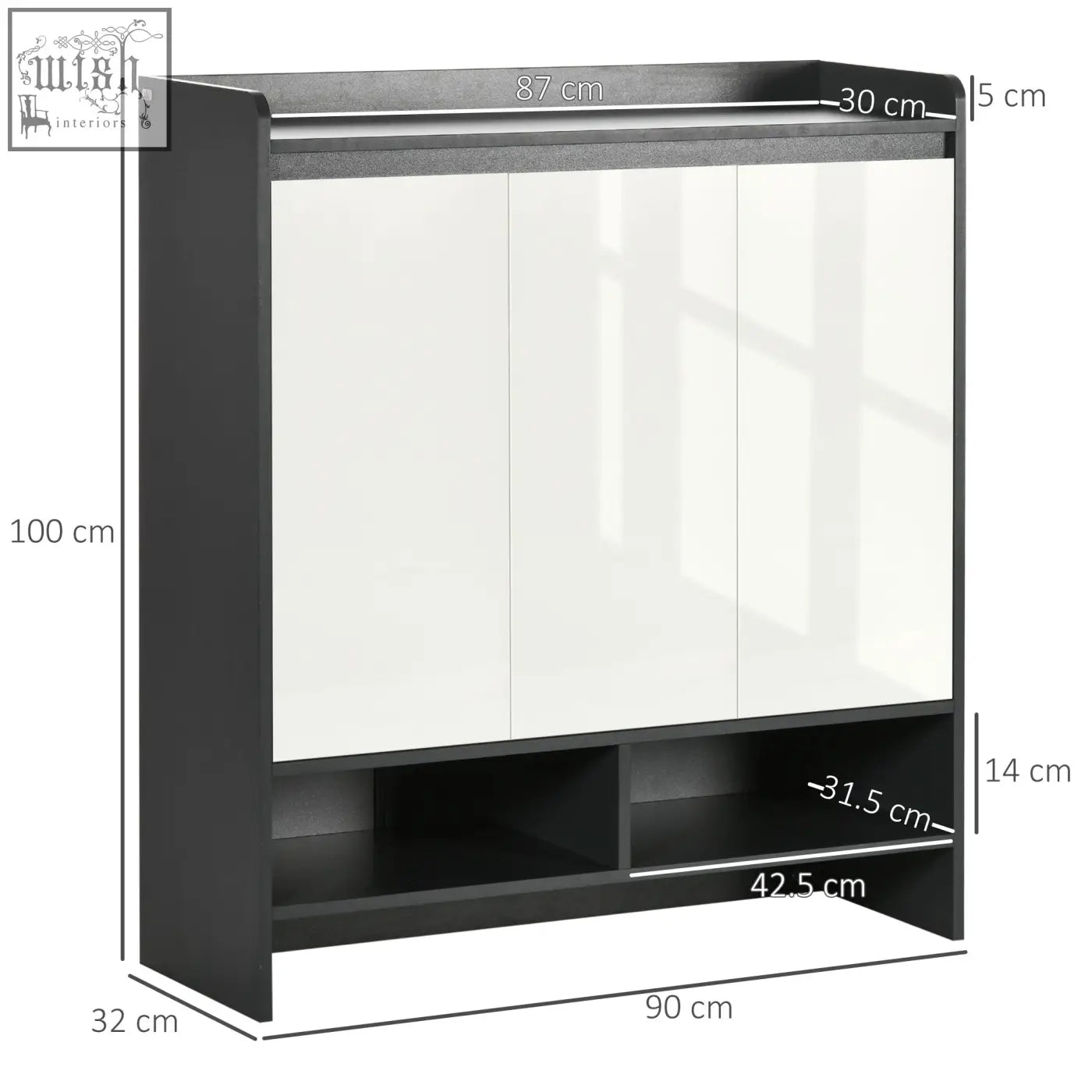 Black and white three-door high gloss shoe cabinet with white doors and open shelf for hallway storage organizer