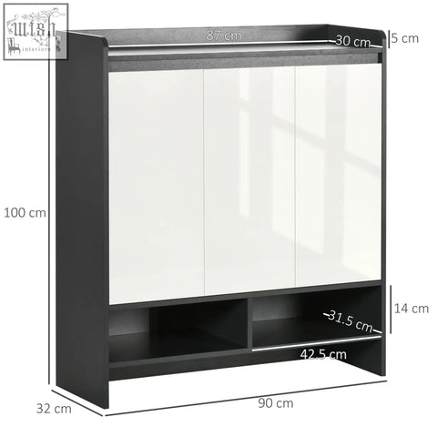 Black and white three-door high gloss shoe cabinet with white doors and open shelf for hallway storage organizer