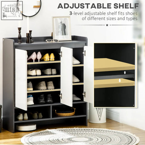 Black and white adjustable shoe cabinet with high gloss white doors and three-level shelves for organizing shoes