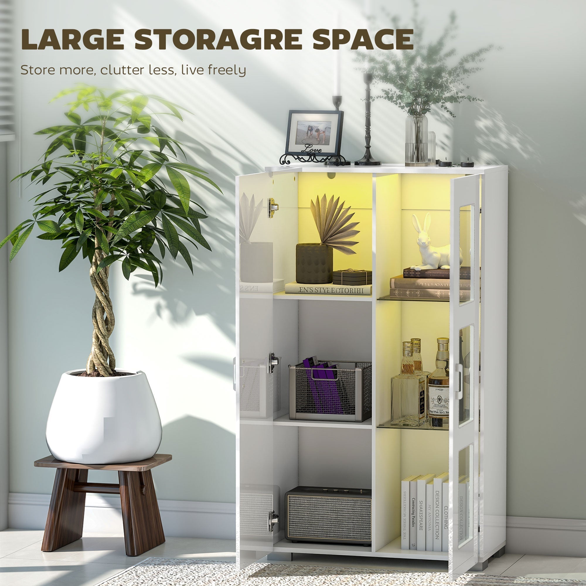 White homcom high gloss sideboard with glass doors and led lighting 33w x 32d for modern living spaces