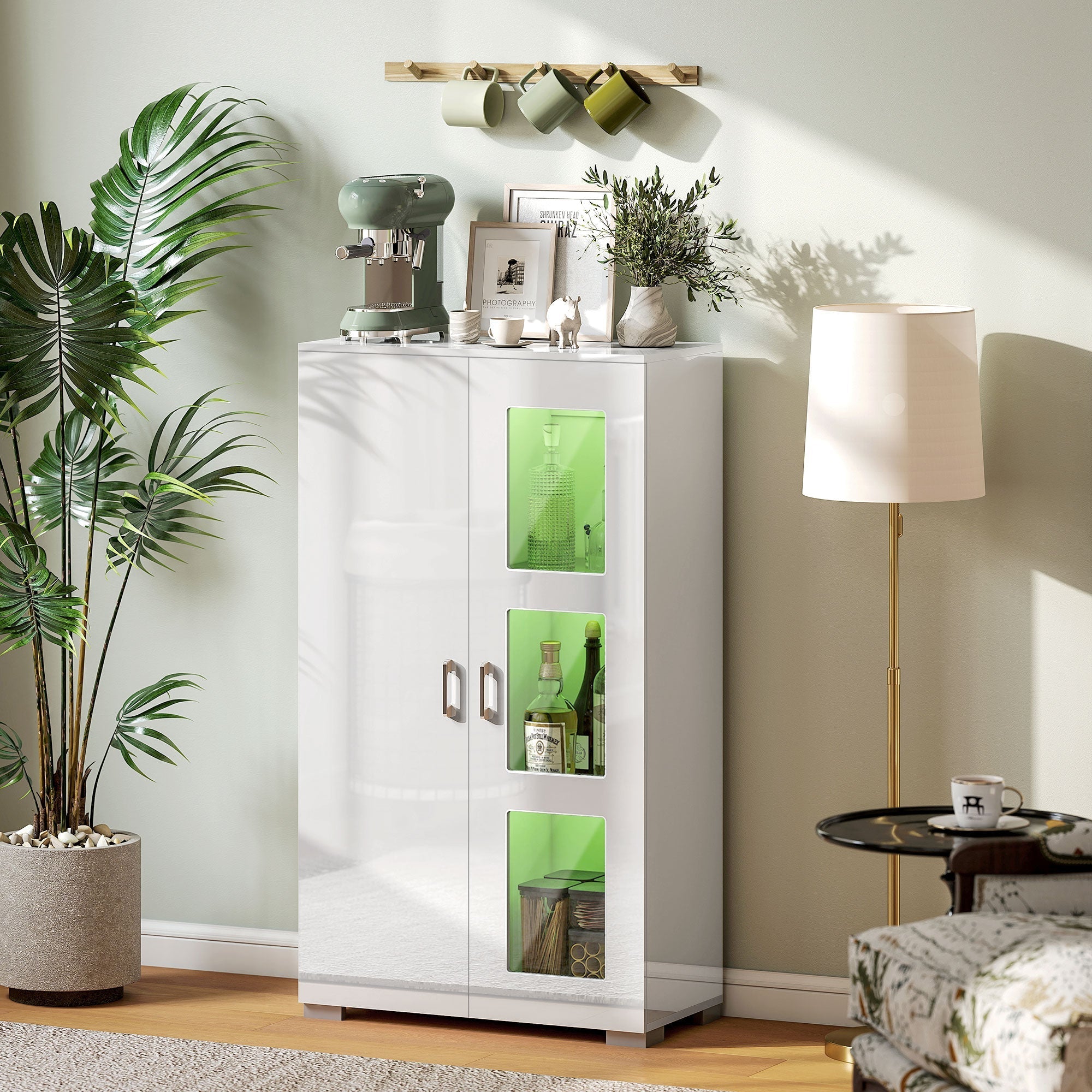 White high gloss two-door sideboard with led lighting and silver handles 33w x 32d for modern living spaces