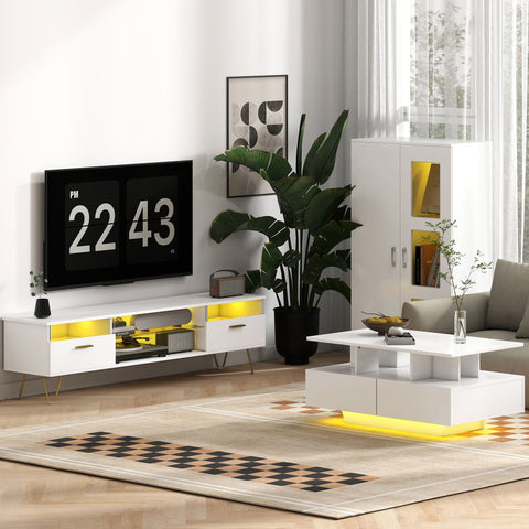 White modern high gloss tv console with yellow led lighting gold tone legs 33w x 32d for living room storage