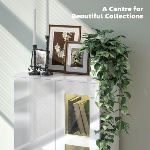 White high gloss HOMCOM sideboard with gold-trimmed glass doors and led lighting displaying books 33w x 32d