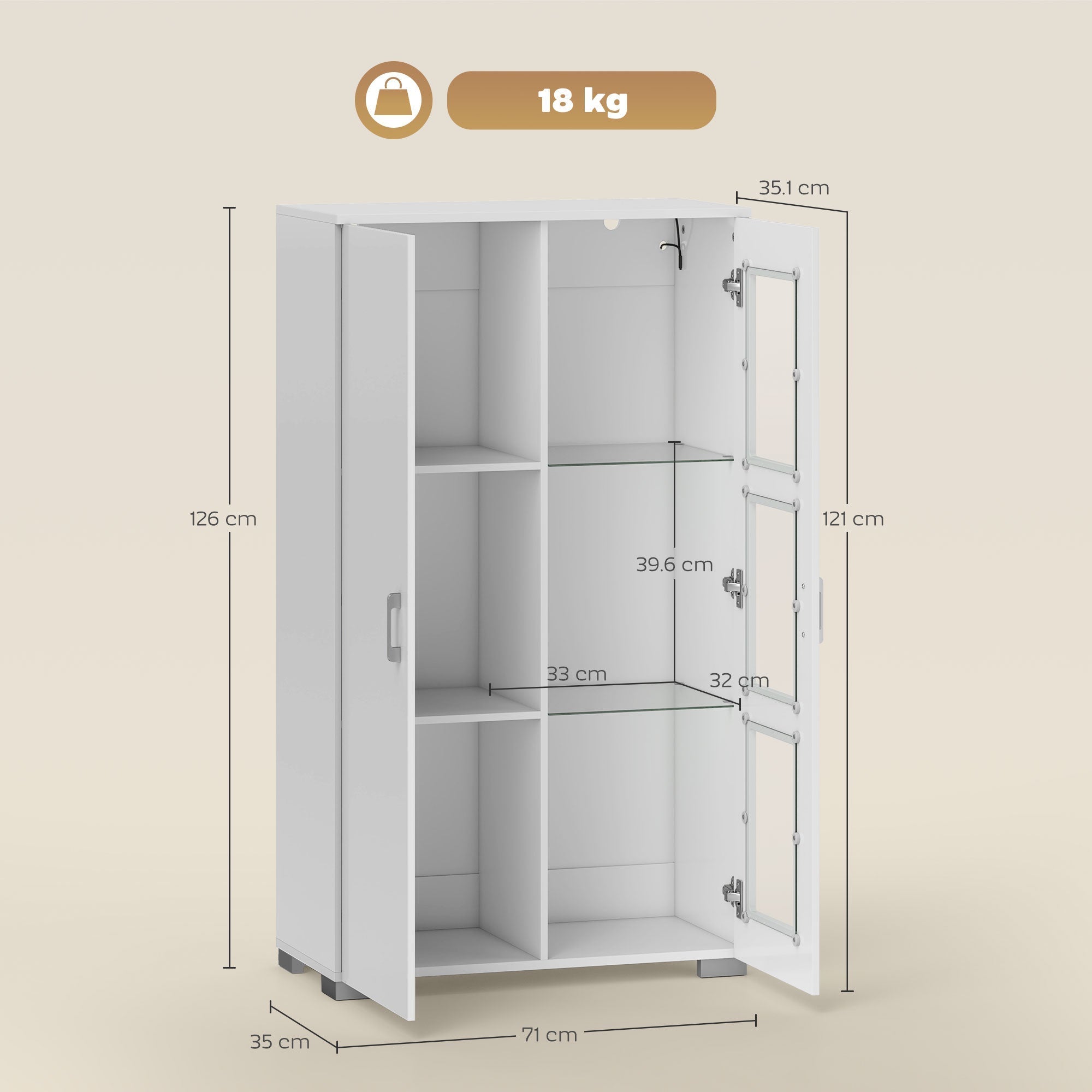 White two-door high gloss storage cabinet with adjustable shelves and silver handles featuring 33w x 32d led lighting