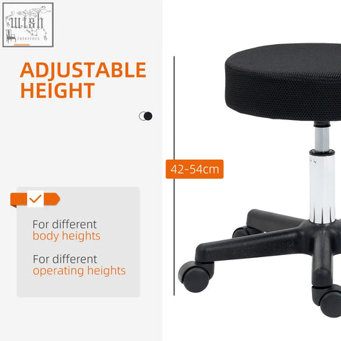 Black mesh swivel salon stool with 42-54cm adjustable height and five-star base for spa massage tattoo use