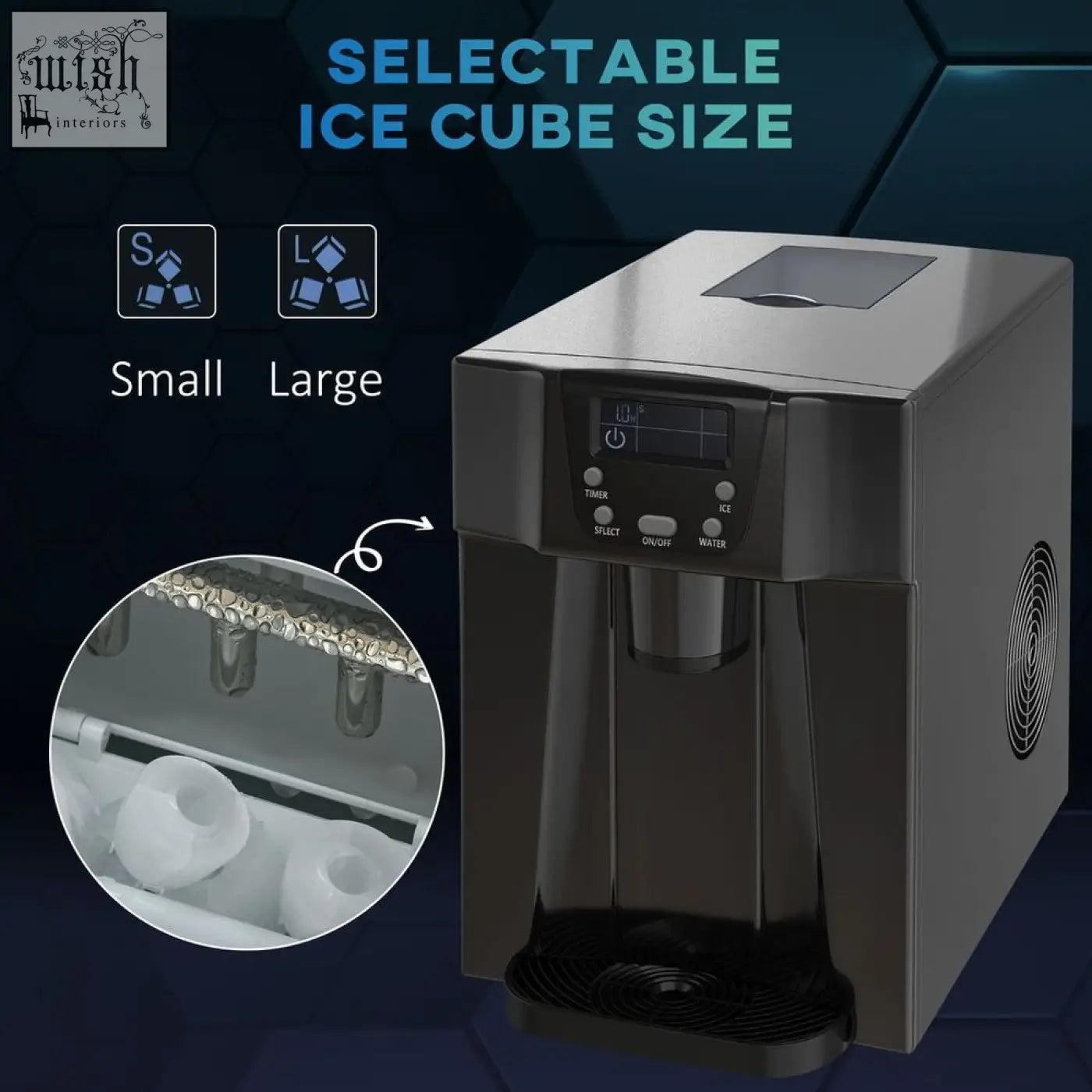Modern black stainless steel homcom ice maker machine with digital controls and selectable cube sizes no plumbing needed