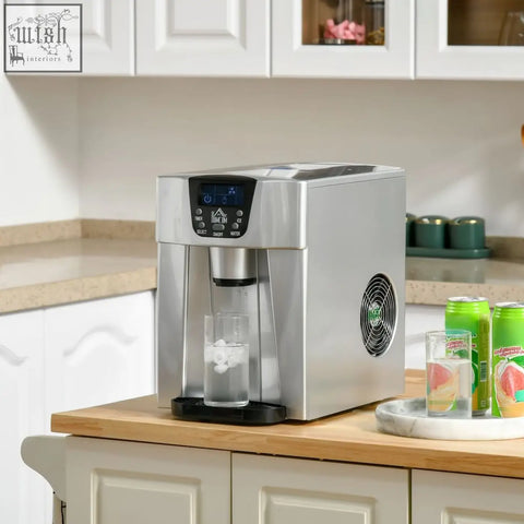 Silver stainless steel homcom ice maker machine and water dispenser with digital display and no plumbing required