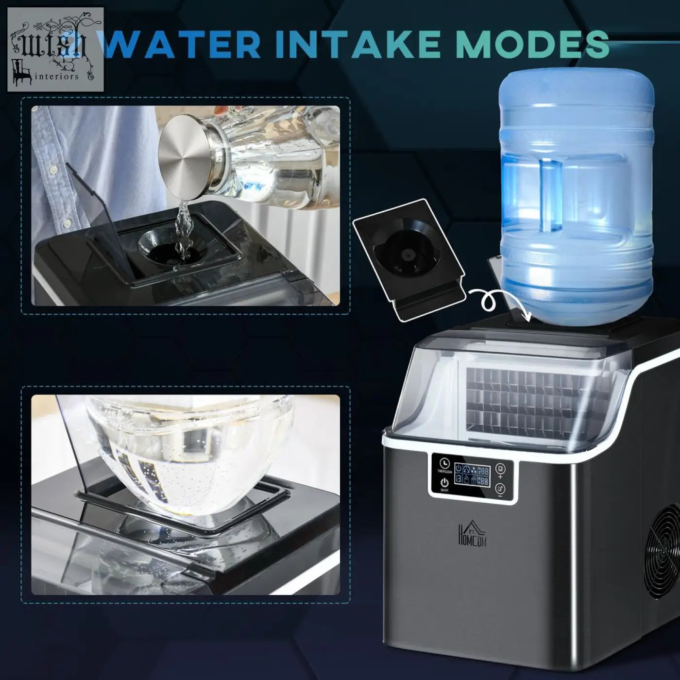 Black and silver homcom ice maker machine with digital display and adjustable cube size for fast ice making