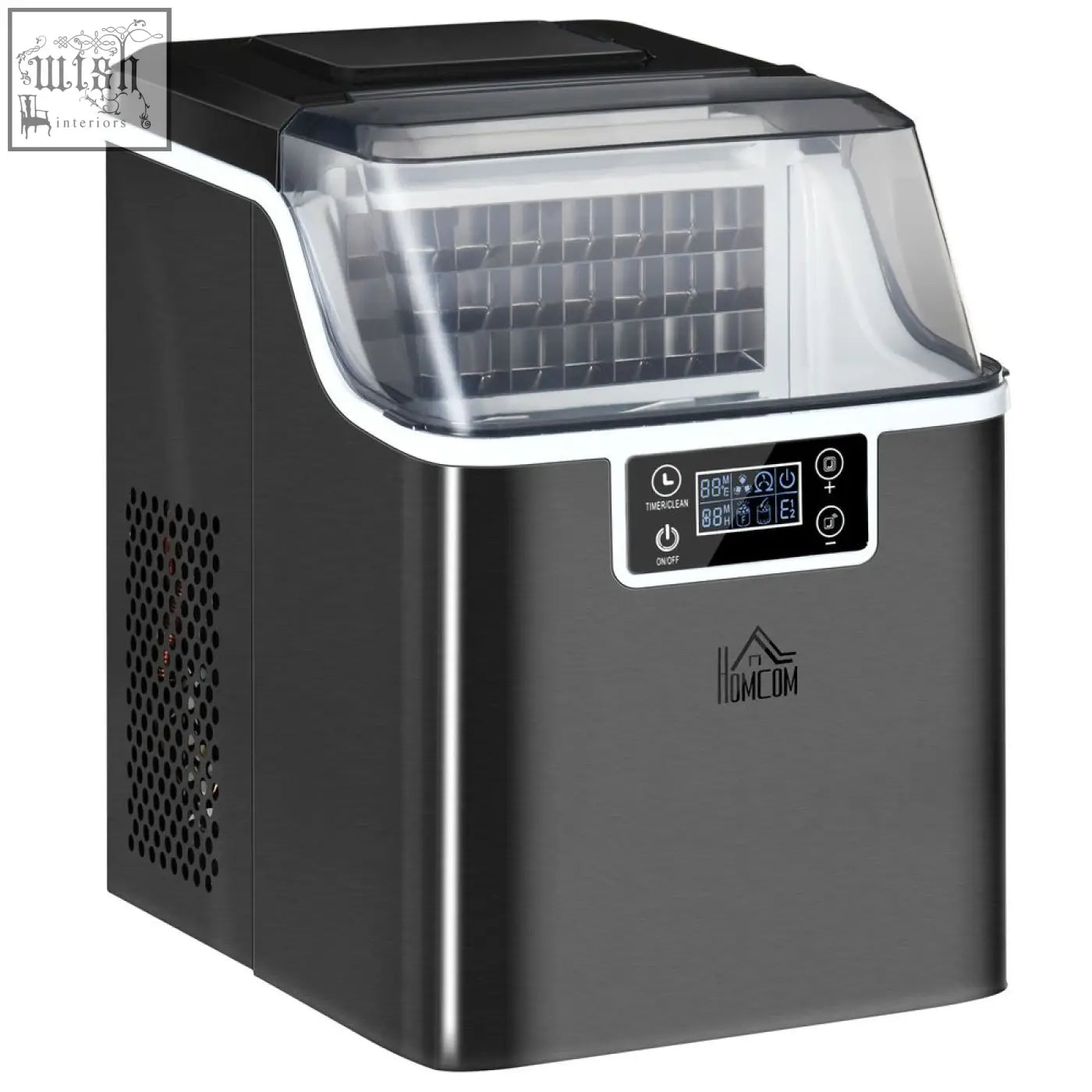 Black and silver homcom ice maker machine with digital control and transparent lid for adjustable cube size