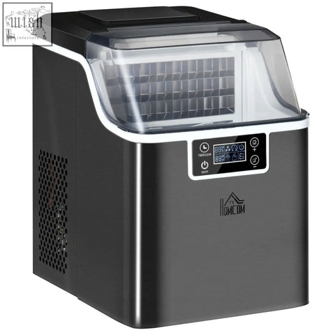 Black and silver homcom ice maker machine with digital control and transparent lid for adjustable cube size