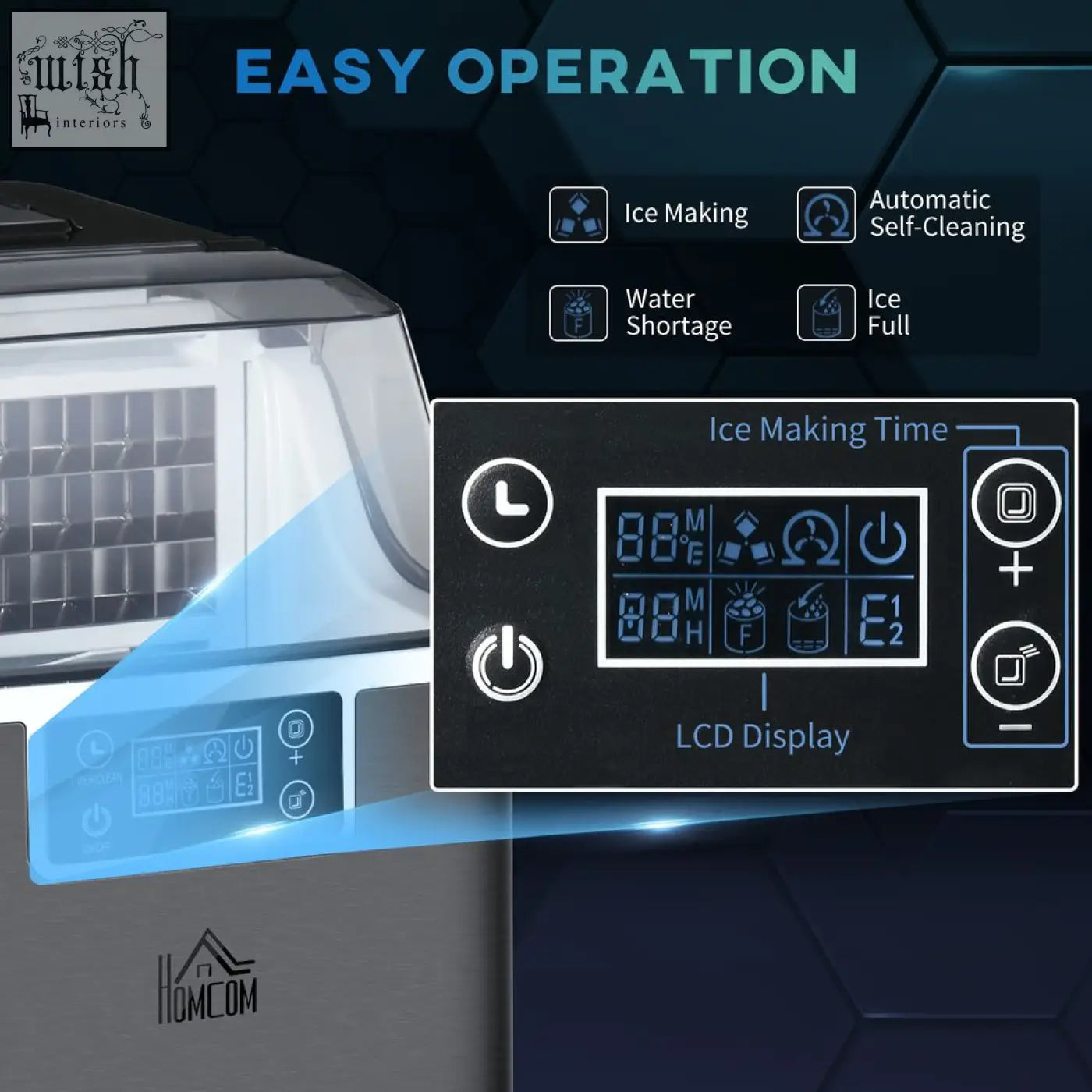 Silver homcom ice maker machine with digital lcd display and control panel for fast, adjustable ice cube making