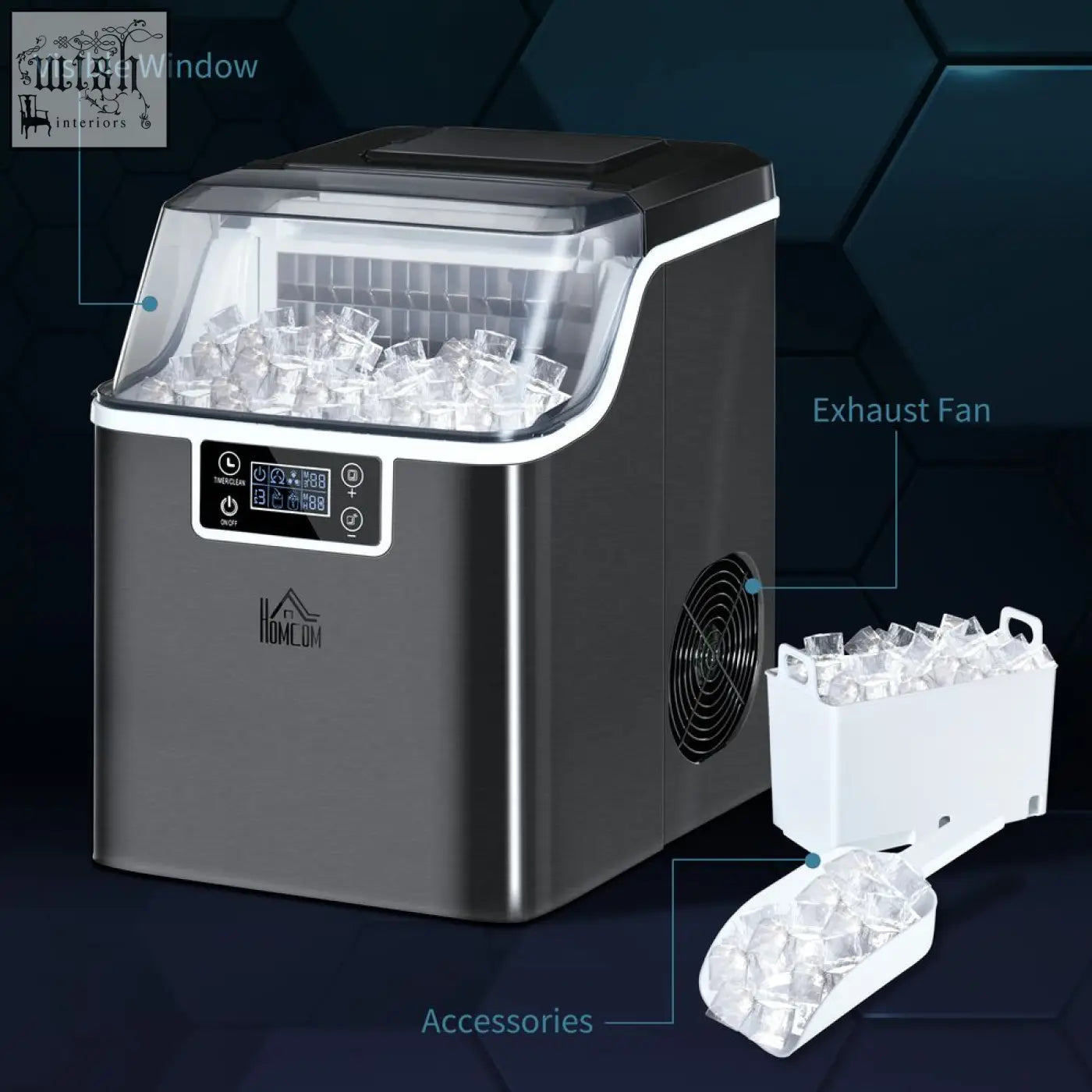 Modern gray stainless steel ice maker machine with transparent window and digital control panel by HOMCOM