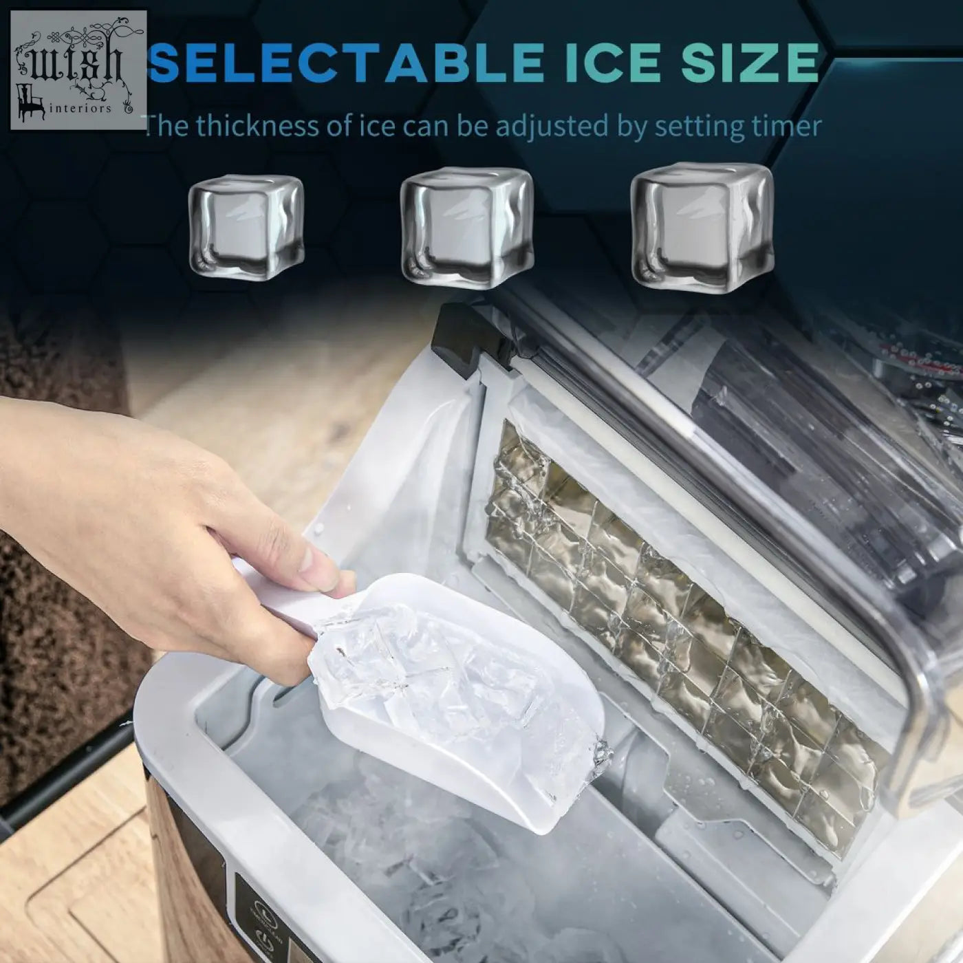 A sleek black homcom ice maker machine with a transparent front and silver interior compartments for fast ice making