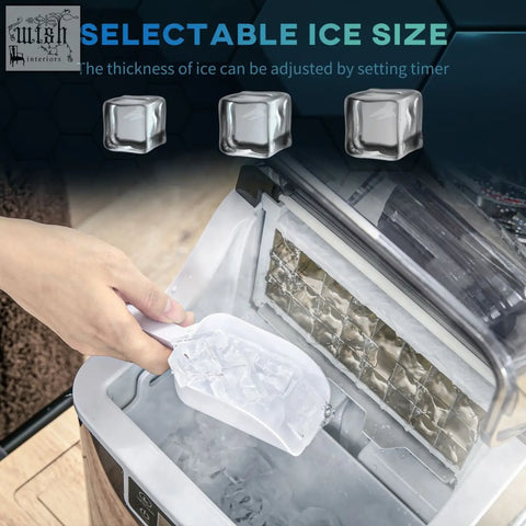 A sleek black homcom ice maker machine with a transparent front and silver interior compartments for fast ice making