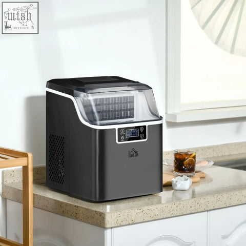Black and silver countertop homcom ice maker machine with digital display and adjustable cube size for fast ice making