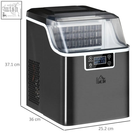 Black and silver HOMCOM ice maker machine with digital display and transparent lid showing adjustable ice cube grid