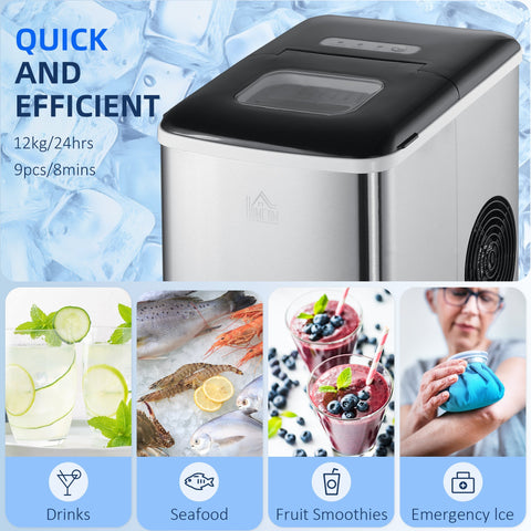 Silver and black stainless steel homcom ice maker countertop machine makes bullet shaped ice cubes fast for home use