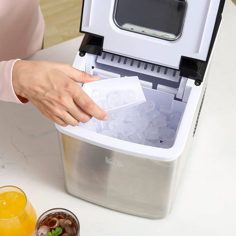 White and stainless steel homercom countertop ice maker with black accents makes bullet shaped ice cubes fast