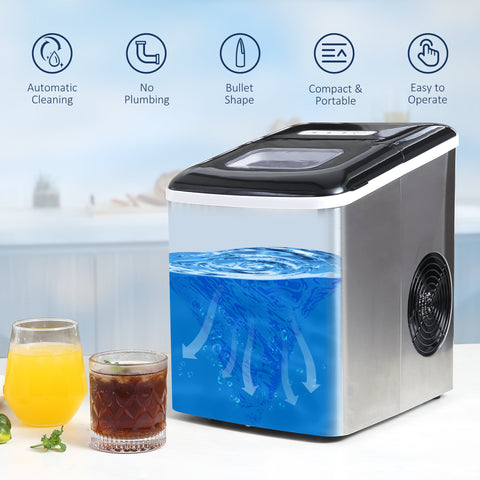 Compact silver stainless steel homcom ice maker with black top and side vent makes bullet shaped ice cubes fast